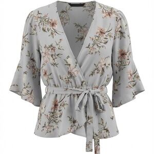 Floral Wrap Blouse - Gray